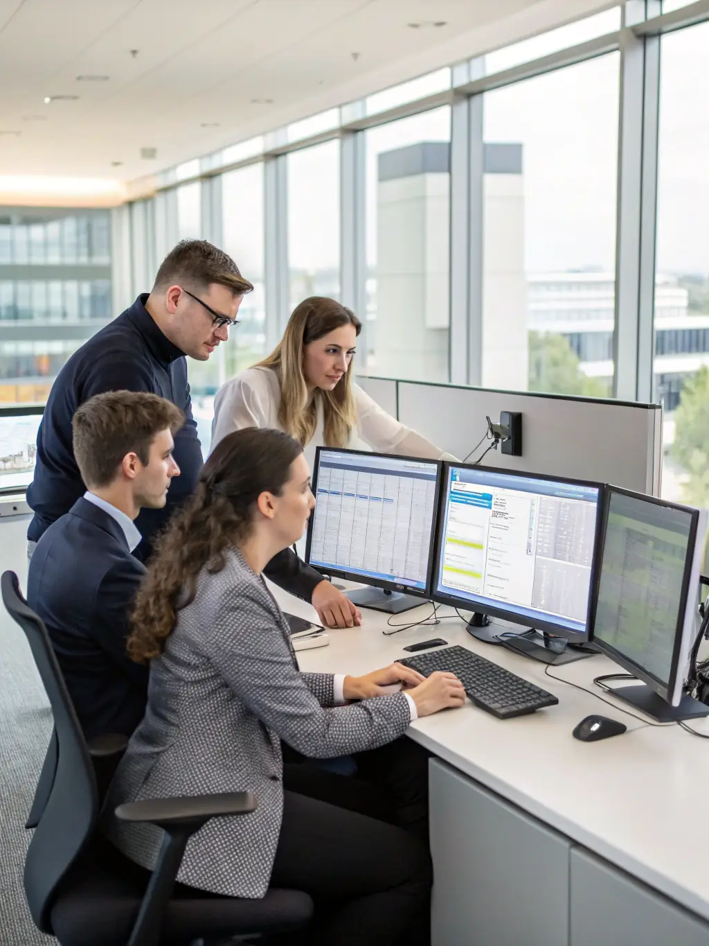A team of consultants working on ERP system setup with a focus on financial modules, representing ERP and Financial Systems expertise.