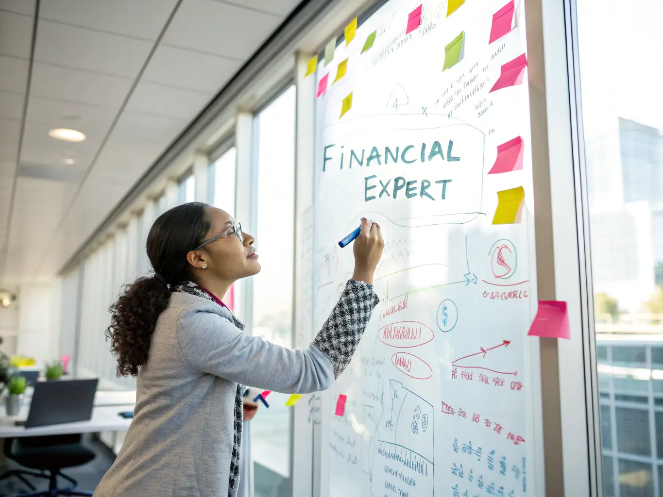 A financial analyst presenting a transformation roadmap on a digital whiteboard, illustrating Financial Transformation services.