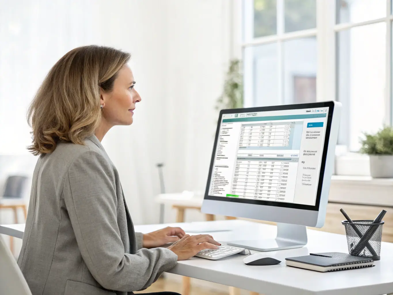 A professional consultant analyzing financial data on a computer screen, showcasing expertise in Business Analytics & Reporting. The image should convey a sense of precision and insight.
