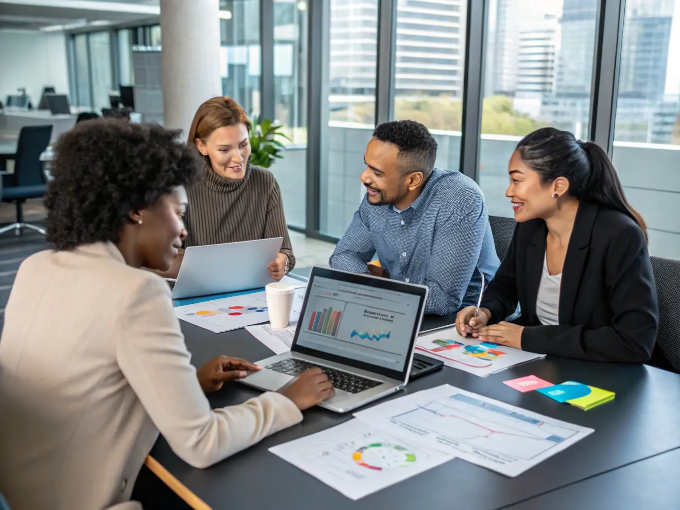 A team of consultants collaborating on an ERP system implementation, highlighting their expertise in ERP and Financial Systems. The image should convey teamwork and technical proficiency.