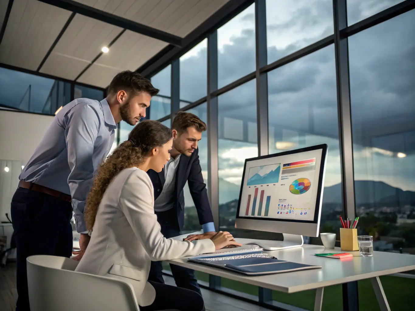 A team of consultants working on ERP system setup with a focus on financial modules, representing ERP and Financial Systems services.